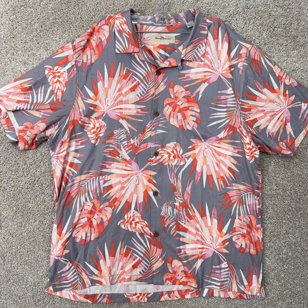 Tommy Bahama Shirt Mens XL Palm Leaf Grey Coral Button Down 100% Silk EUC